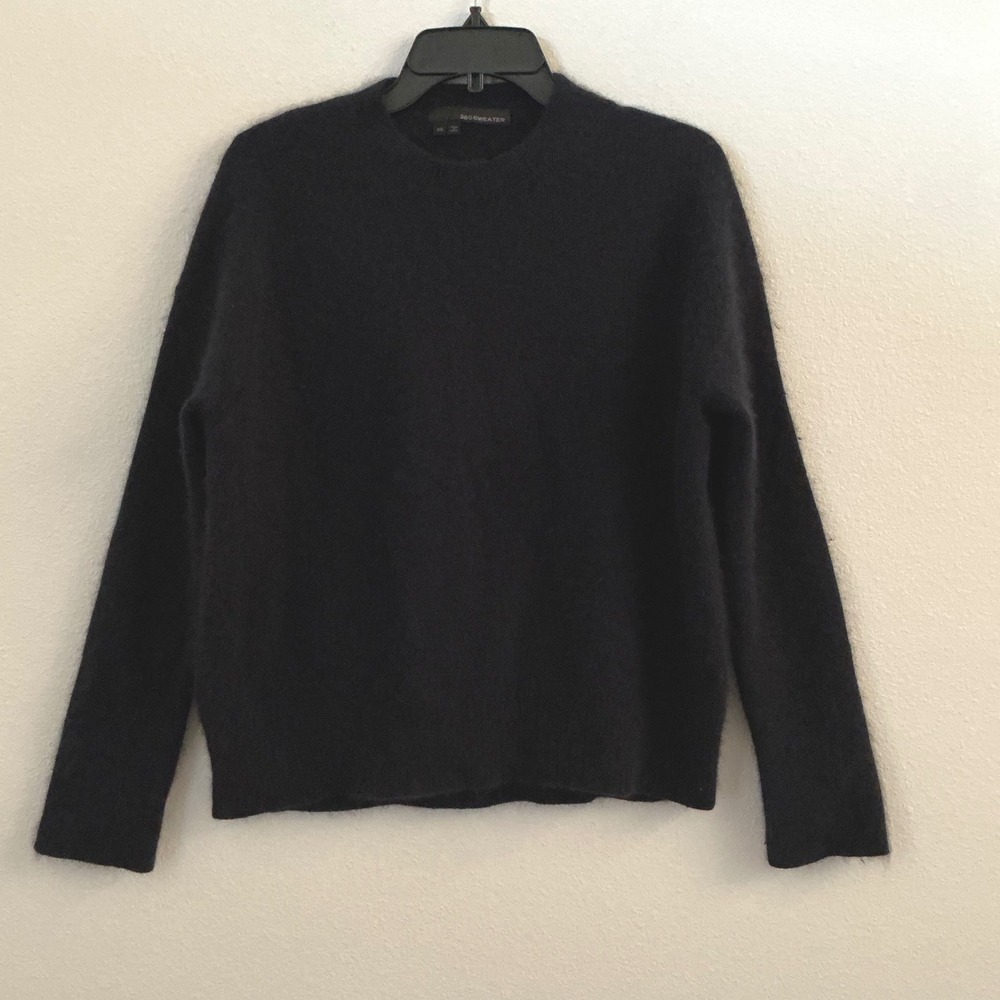360Sweater Womens XS Black Wool Raccoon Fur Blend Crew Neck Pullover Soft Knit